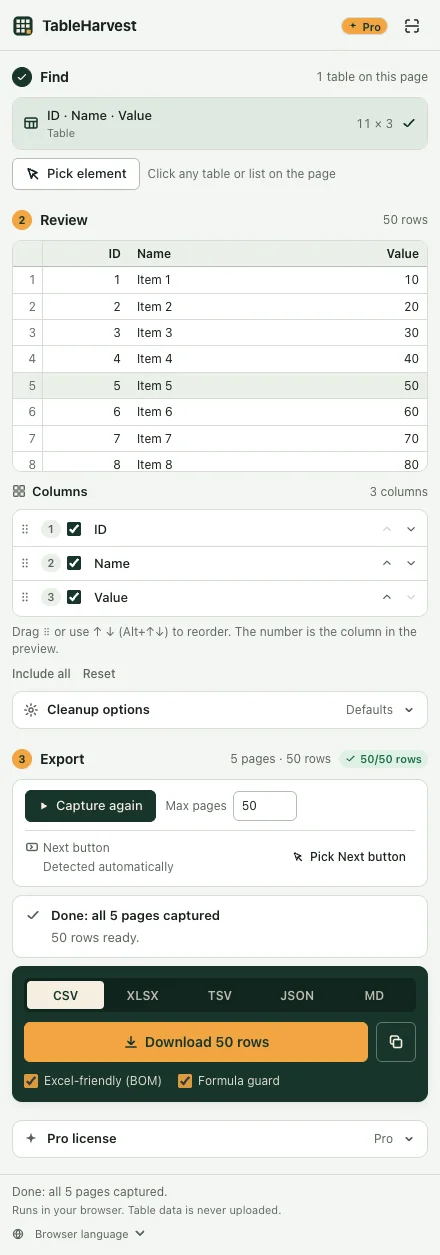 The TableHarvest side panel after a capture: 5 pages, 50 of 50 rows, ready to download as CSV.