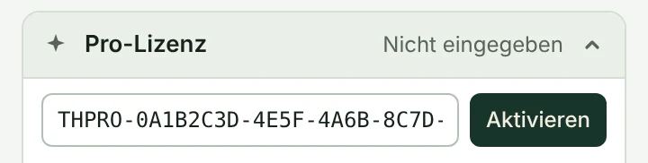 Der geöffnete Bereich Pro-Lizenz mit einem eingefügten Schlüssel, der mit THPRO- beginnt, daneben die Schaltfläche Aktivieren.