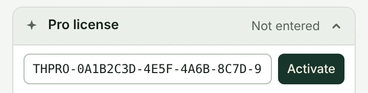 The Pro license section opened, with a key starting with THPRO- pasted in and the Activate button next to it.