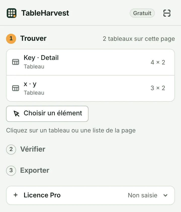 Le panneau latéral de TableHarvest. En haut à droite, il est indiqué Gratuit ; la section Licence Pro est en bas.