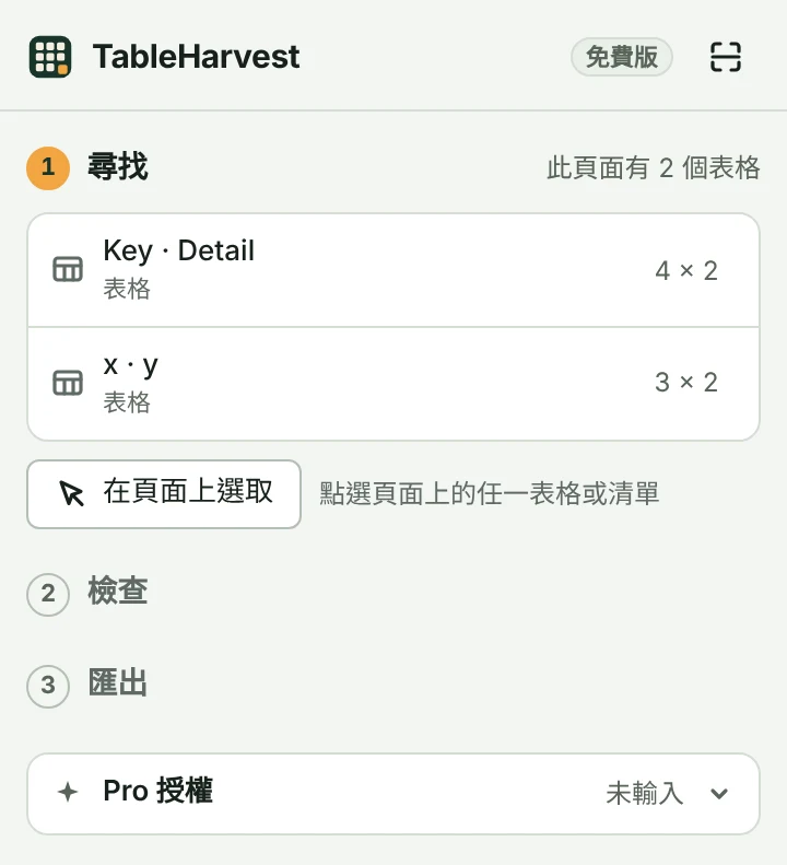 TableHarvest 側邊面板。右上角顯示「免費版」,最下方是「Pro 授權」。